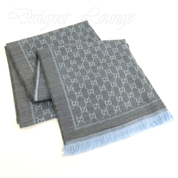 NEW GUCCI Grey Blue Wool GG Monogram Reversible Stencil Scarf $520 Authentic - Picture 7 of 12